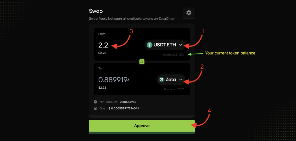 ZetaHub Eddy Finance swap USDT.ETH to Zeta