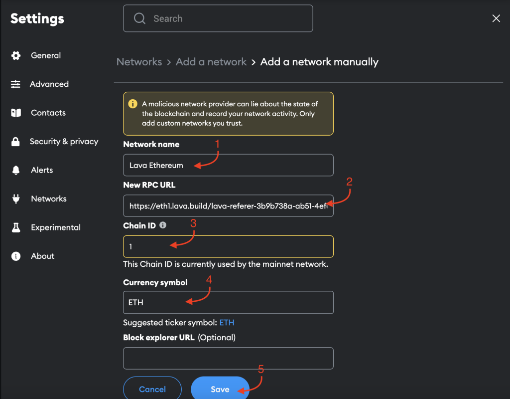 metamask add new network form to add lava rpc