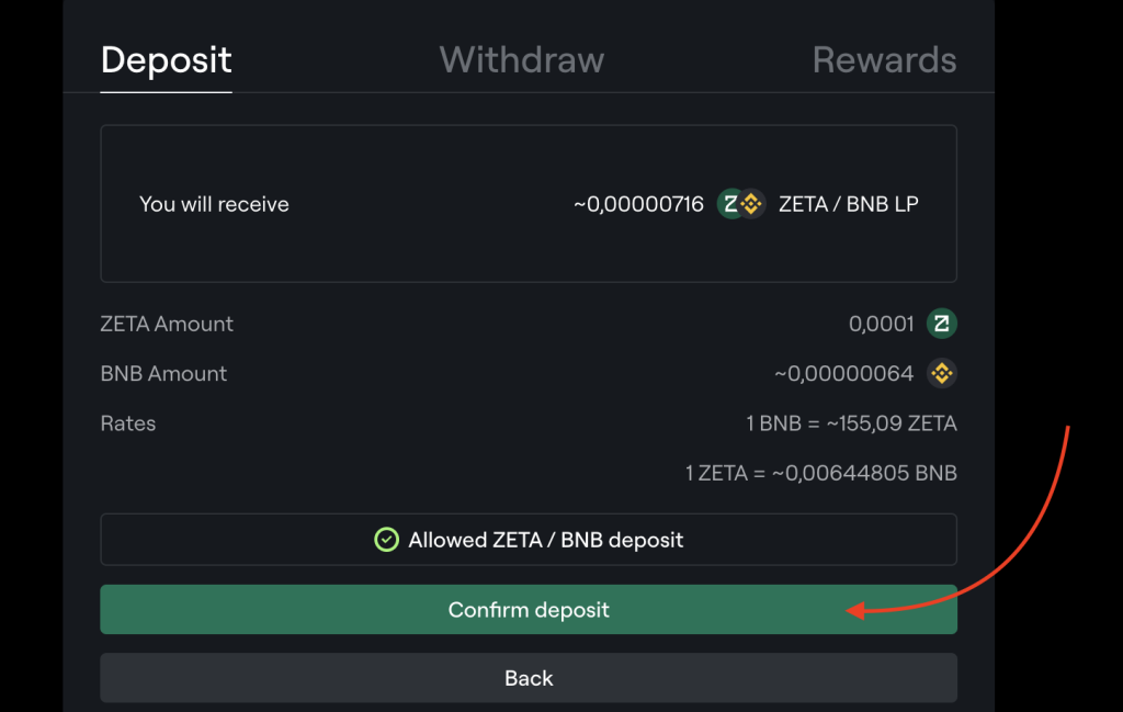 Zetahub confirm liquidity deposit