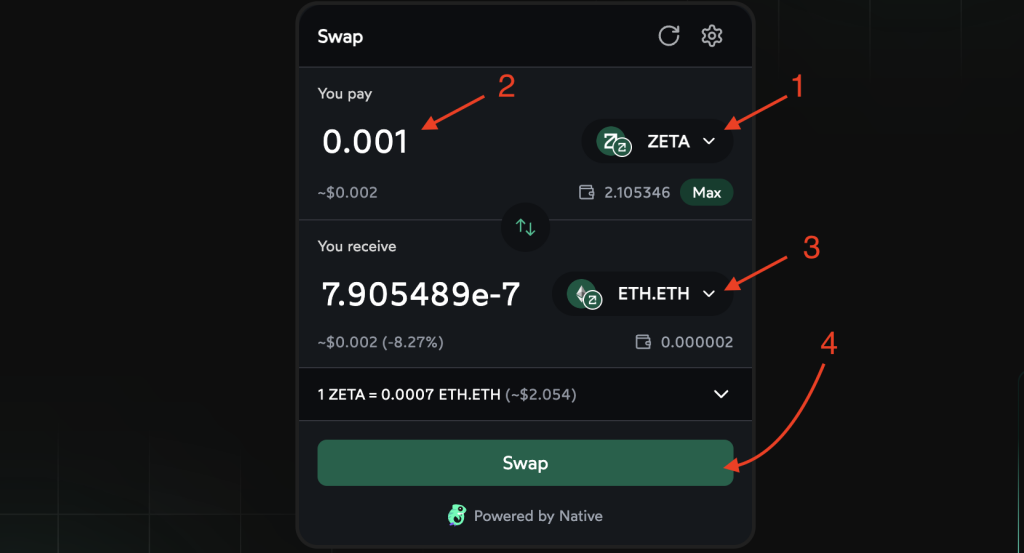 ZetaSwap swap Zeta to Eth