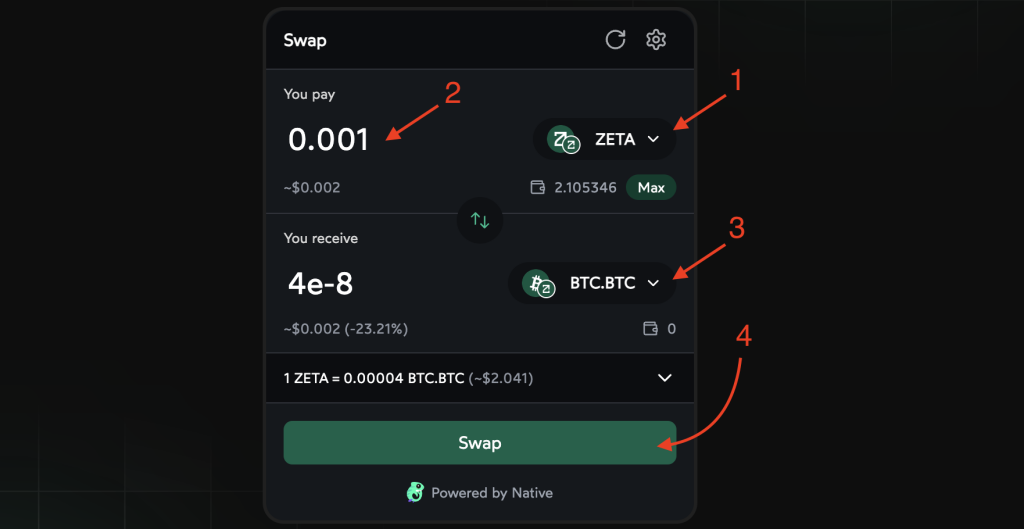 ZetaSwap swap Zeta to BTC