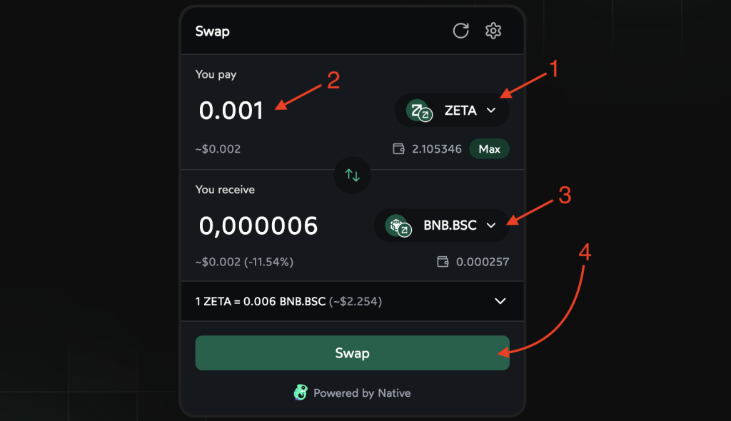 ZetaSwap swap Zeta to BNB