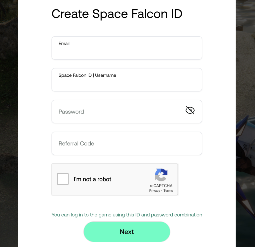 space falcon create account form