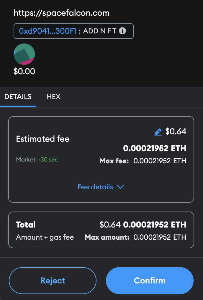 Space Falcon Add NFT to inventory transaction confirmation and fee