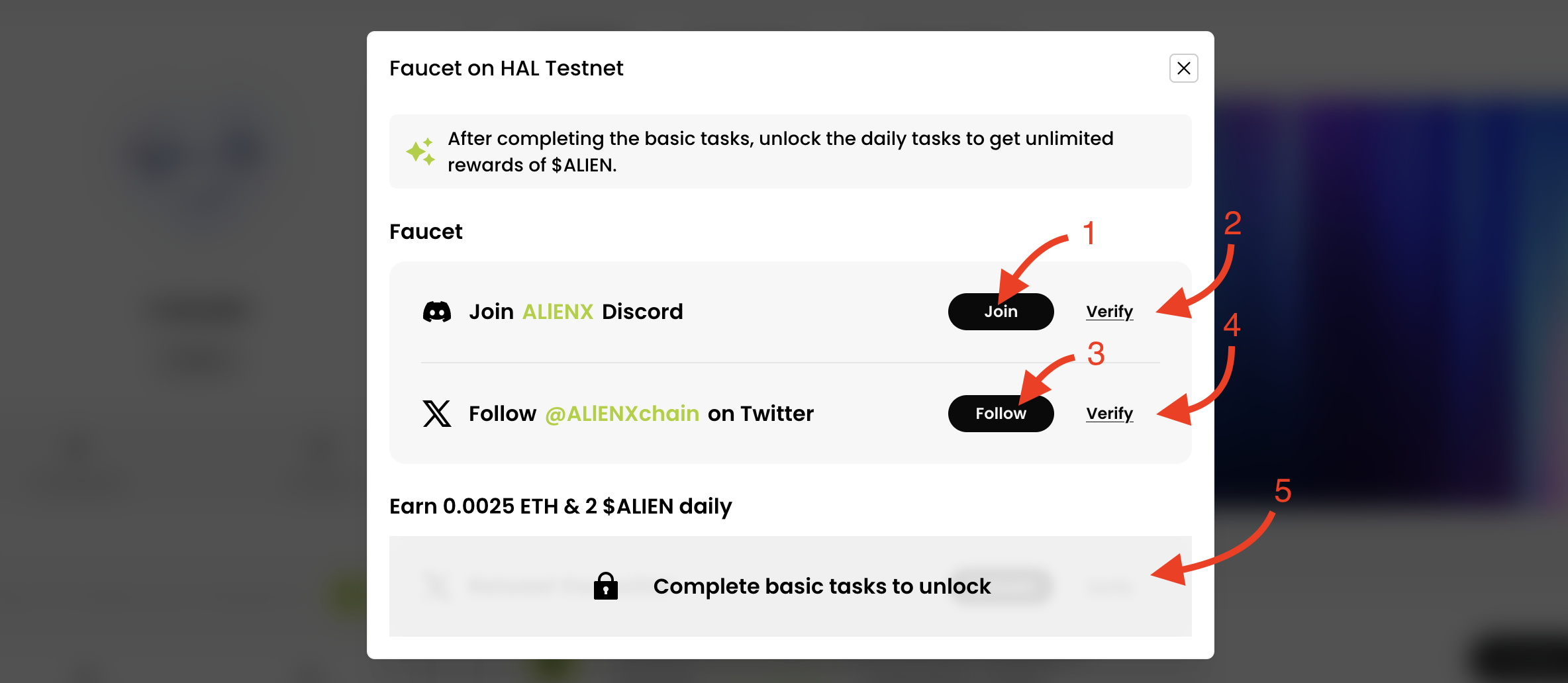 Faucet ETH on HAL Testnet to earn 10 $ALIEN