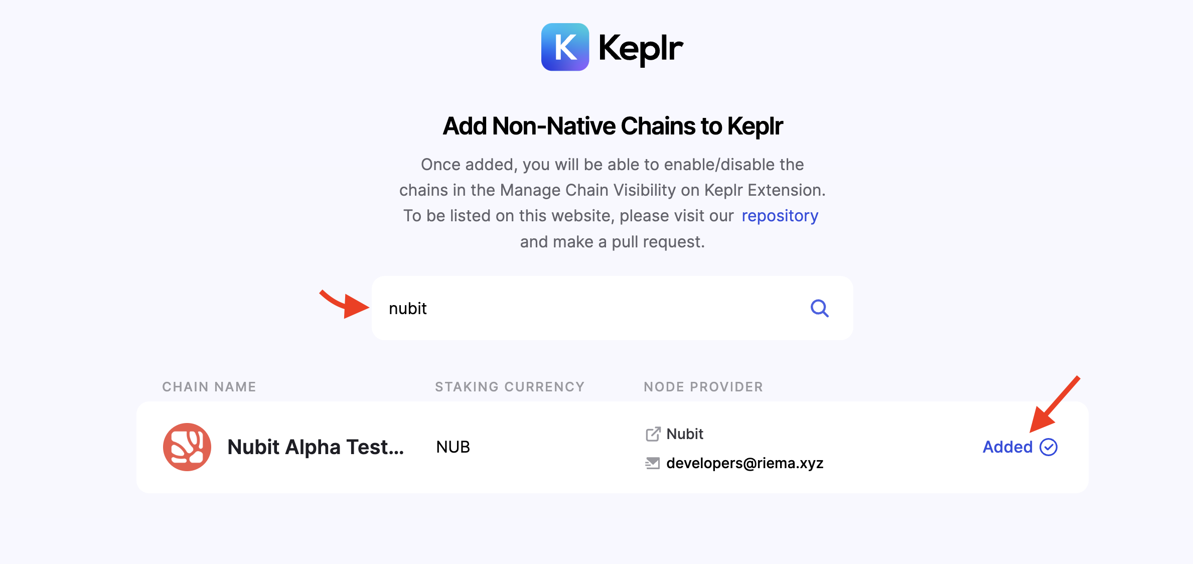 Add Nubit testnet alpha to Keplr