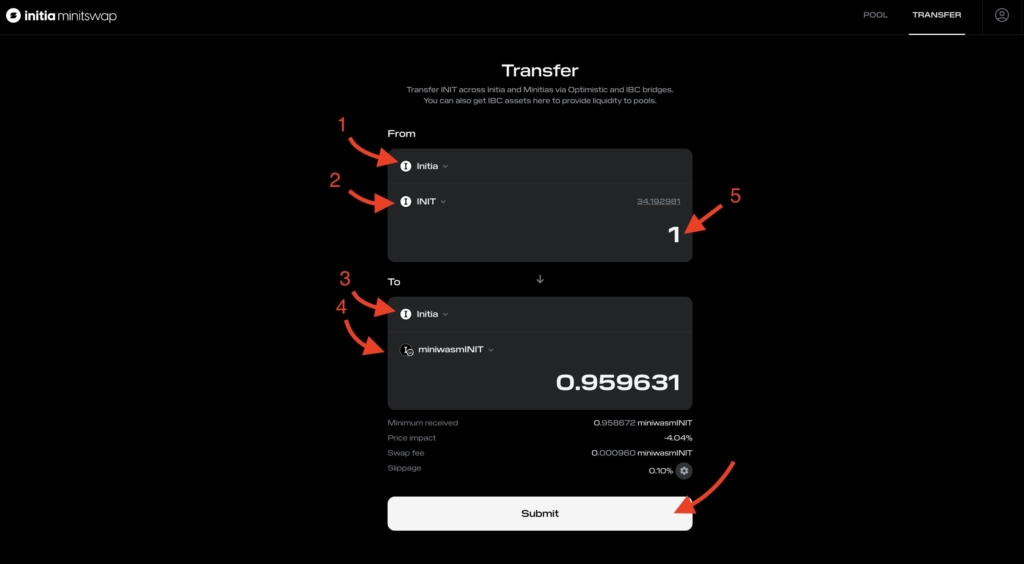 Initia swap INIT to IBC Asset on the Transfer page