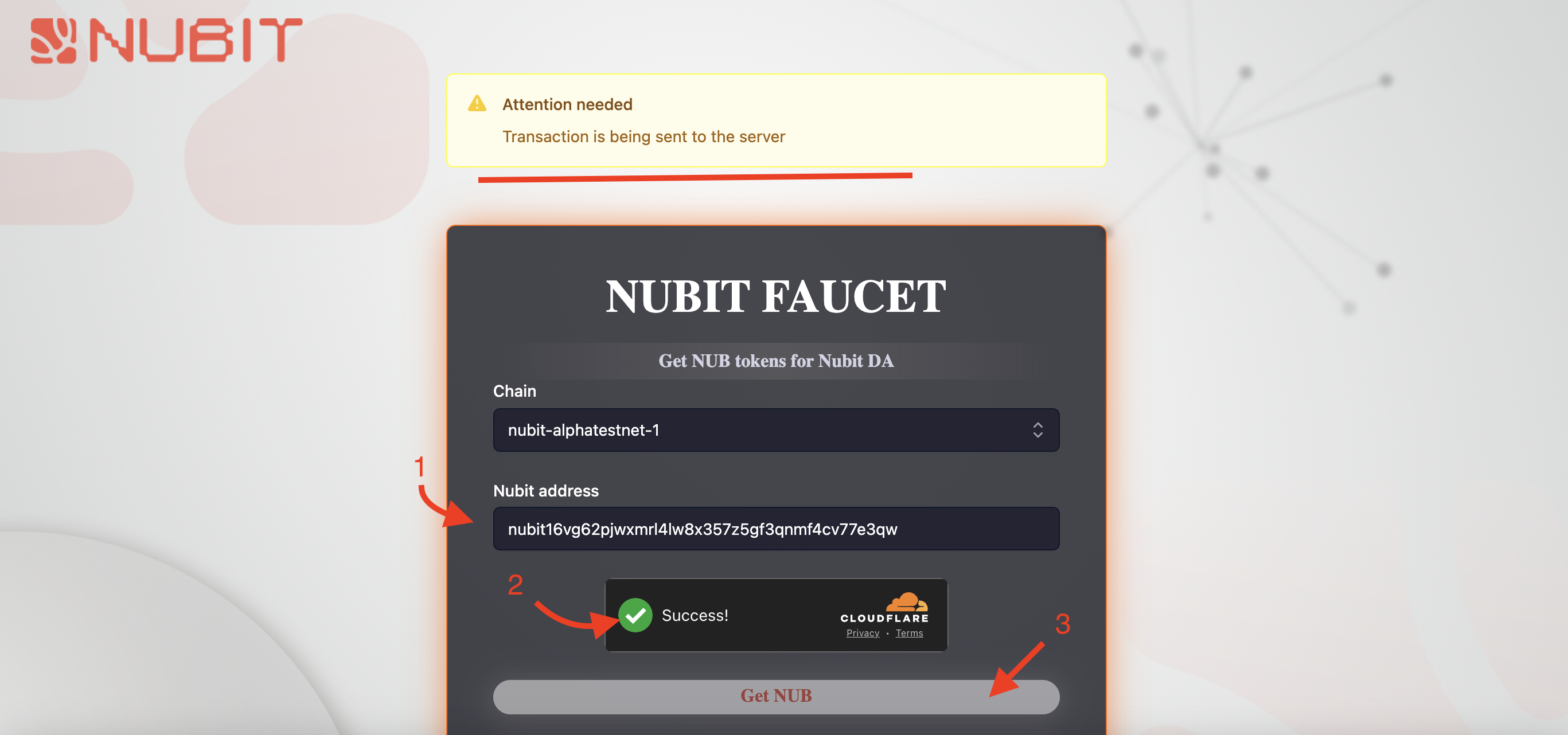 Nubit request NUB tokens from Faucet