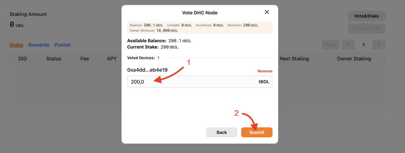 DHC Staking Add tBOL to selected node