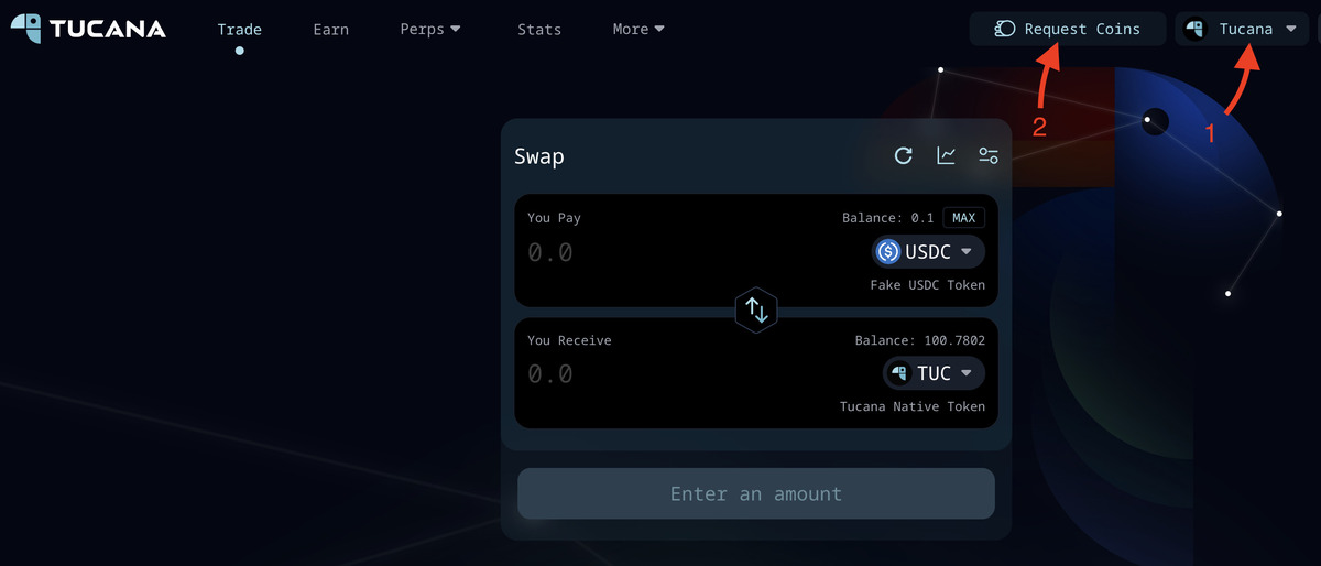 Tucana Dex - Change network to Tucana and request test tokens