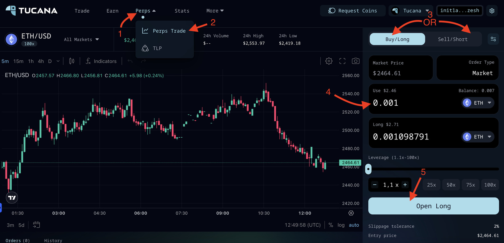 Tucana Perp Trade - Open Long on ETH