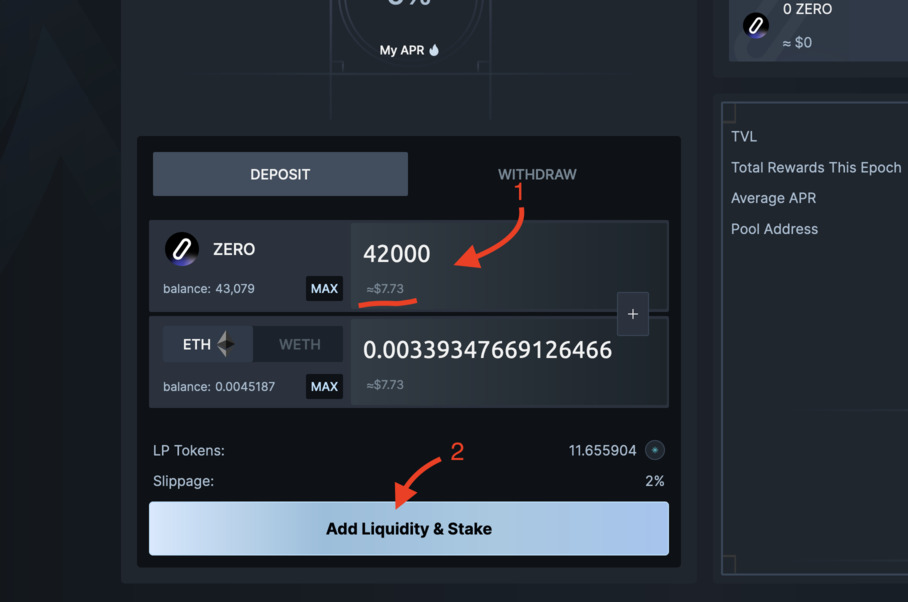 Nile Build add liquidity to ETH - Zero pool