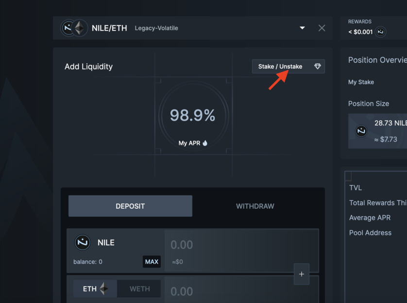 Nile Build remove stake ETH Nile pair location