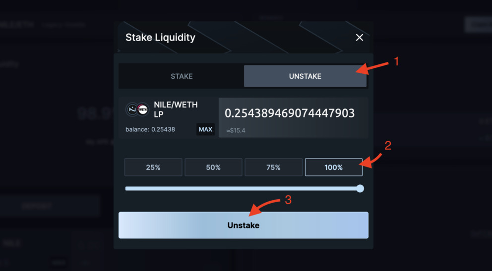 Nile Build unstake ETH Nile pair steps