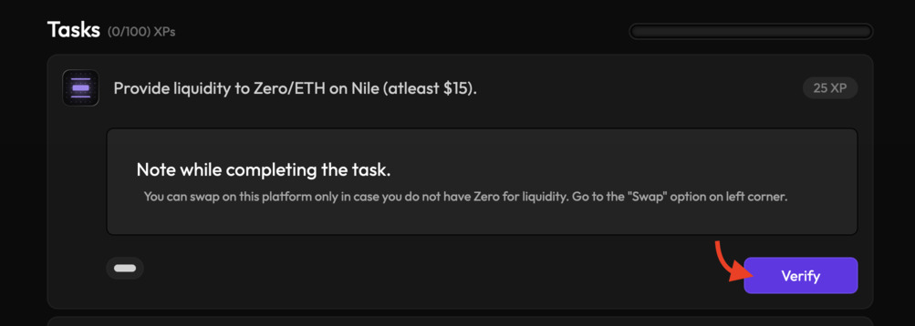 Provide liquidity to Zero ETH on Nile verify task