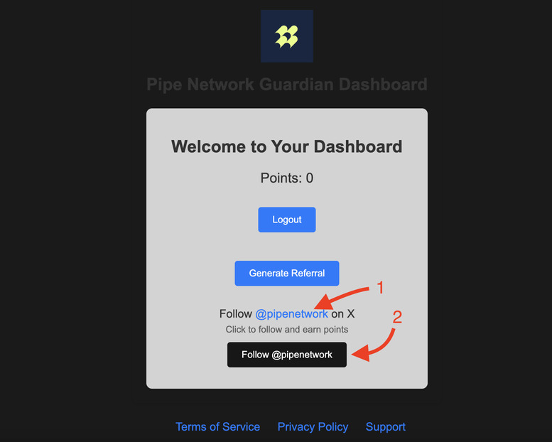 Pipe Network - connect twitter and follow to project account to earn points