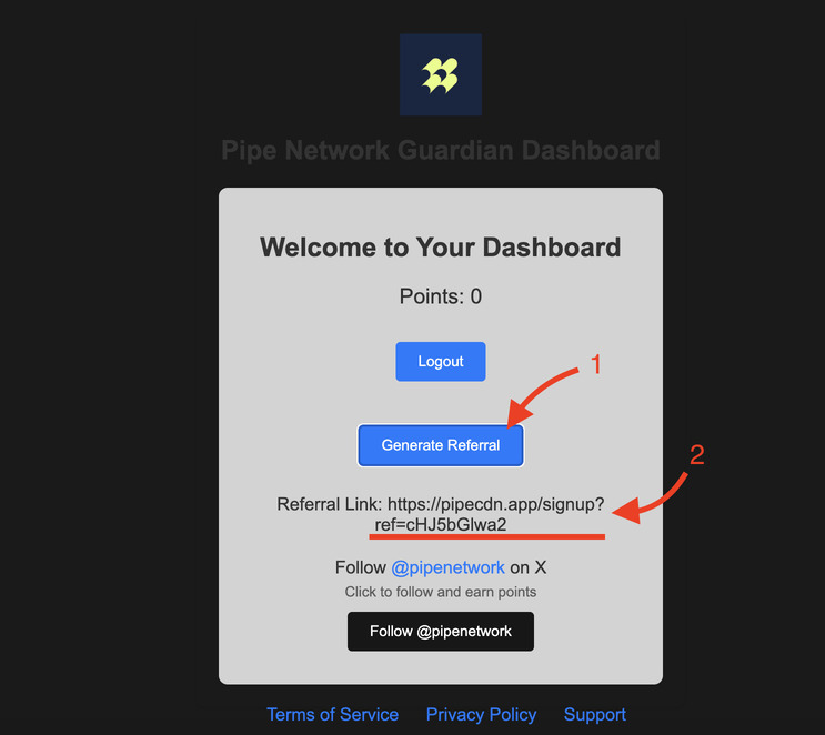 Pipe Network generate referral link