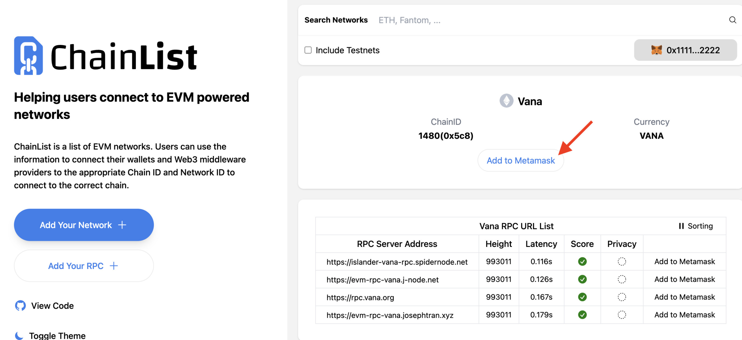 Add Vana network to MetaMask with Chainlist