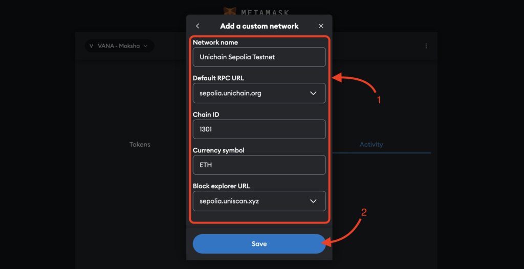 Add Unichain Sepolia Tesnet network to MetaMask