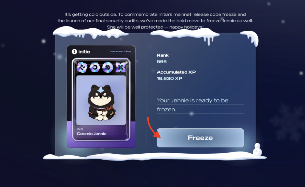 Initia Freeze Jennie virtual pet to Initia mainnet launch