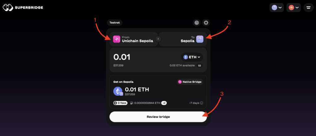 Superbridge transfer tokens from Unichain Sepolia to Sepolia ETH