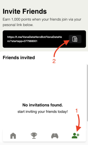 Vana Data Hero copy referral link to invite friends