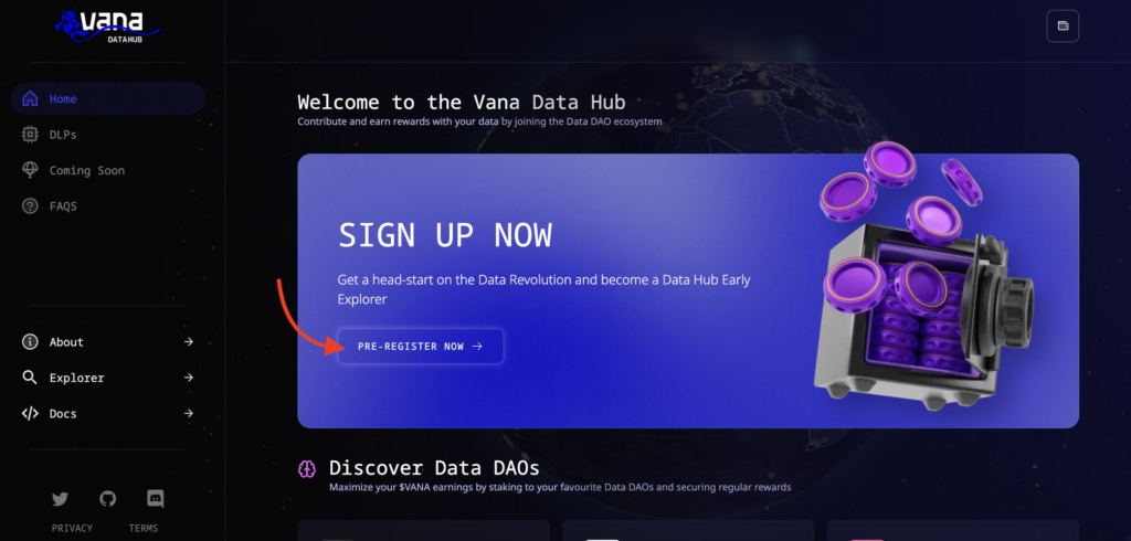 Vana Data Hub Start Pre-register for Early Explorer