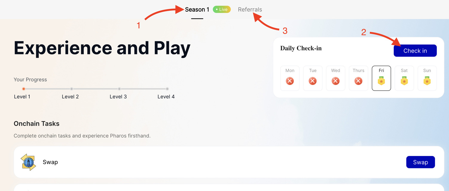 Pharos Network Perform daily check-ins and invite friends