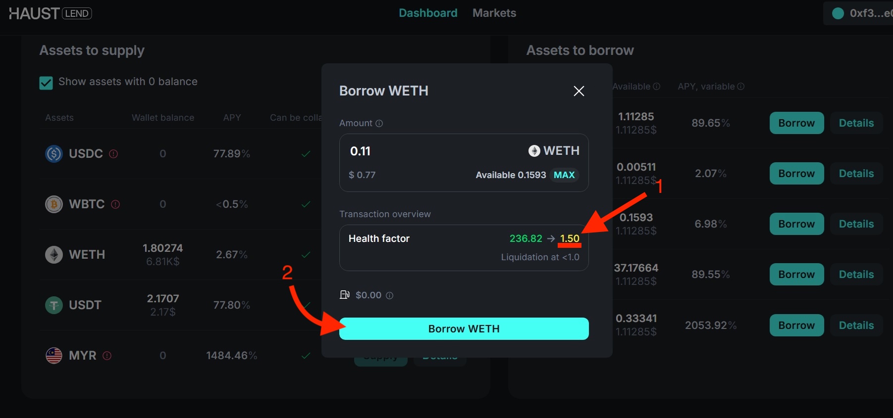 haust lend borrow weth with health factor 1.5